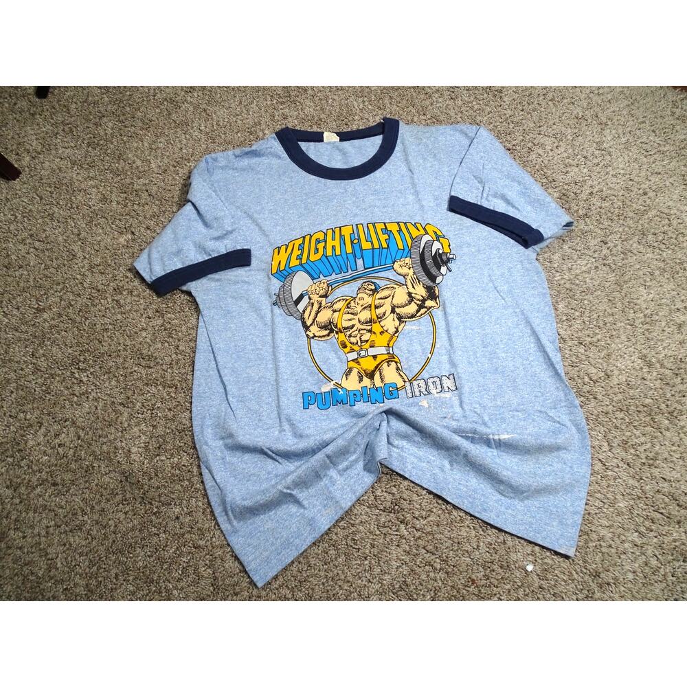 Vintage 80s Pumping Iron Ringer T-Shirt Screen Stars Tag, Size Large Distressed